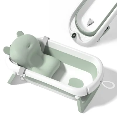 Produktbild von Faltbar Baby Badewanne Mit Rutschfestem Badekissen - Babywanne XXL Mit Baby Badewannensitz & Badethermometer - Von Der Geburt Bis 3 Jahre - Baby Bathtub - Geburtsgeschenke Für Mädchen & Jungen