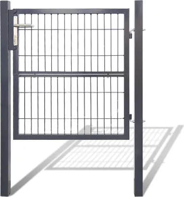 A dark gray metal garden gate is shown, partially open, with its shadow cast on a white background.