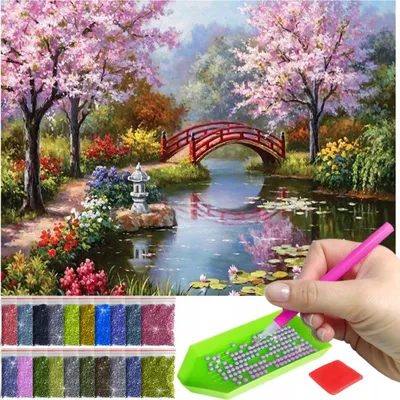 Produktbild von ARTULIO - Diamond Painting Set - Romantischer Garten mit roter Brücke - 60 x 40 cm - Groß XXL - Bilder DIY