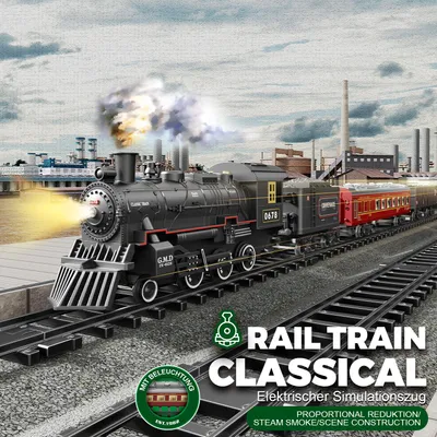 A model train set with a steam locomotive and passenger cars on tracks, with industrial buildings in the background.