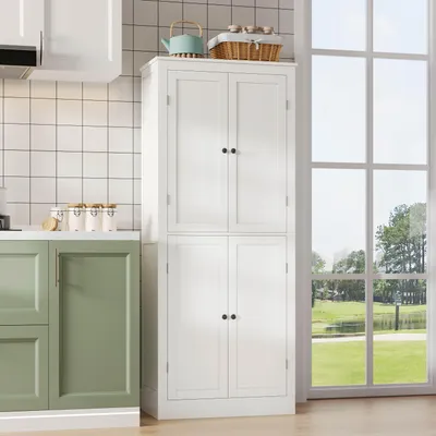 Image de Armoire de cuisine Flieks avec deux portes vitrées, des étagères et un tiroir intérieur, armoire haute 75 x 40 x 182 cm, buffet, blanc