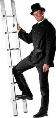 A man dressed as a chimney sweep is climbing a ladder.