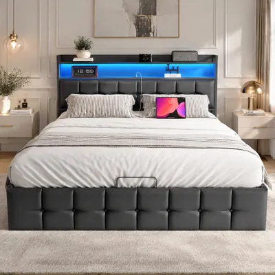 Obrázok produktu pre INONEFT čalúnená posteľ 140x190 cm, dvojposteľ s hydraulickým úložným priestorom, posteľ pre mládež s LED osvetlením a USB portami, čierna (PU), bez matraca