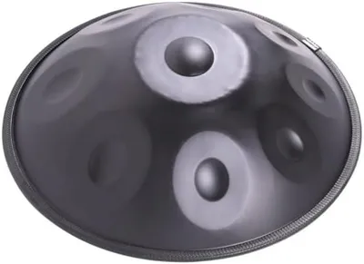 Produktbild von Schwarze 9-Ton-Handpan-Trommel aus Stahl in D-Moll mit Zubehör