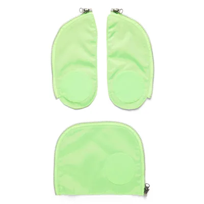 Three neon green zippered pouches are arranged on a white background. Two are positioned side-by-side at the top, and one is centered below them.