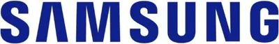 The Samsung logo is displayed in large blue letters on a white background.