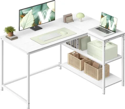 Produktbild von VASAGLE Schreibtisch mit Stauraum, L-Form Computertisch, höhenverstellbare Ablage, Büro, 110 x 80 cm, weiß