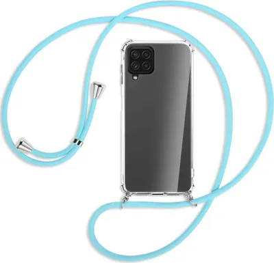 Produktbild von Handykette Backcover-Schutzhülle mit Band (Metall silberfarben) für Samsung Galaxy A22 4G (A225) - himmelblau