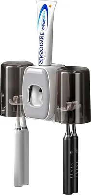 Produktbild von Wandmontierter Zahnbürstenhalter mit automatischem Zahnpastaspender, 4 Fächer + 2 Becher, kein Bohren erforderlich (hellgrau)
