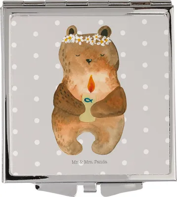 Produktbild von Mr. & Mrs. Panda Kosmetikspiegel Bär Kommunion - Grau Pastell - Geschenk, Taufkerze, Klappspiegel, Handspiegel, Teddy, Katholisch, Gottes Segen, Reisespiegel
