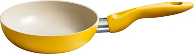 A yellow ceramic frying pan with a white interior and a silver handle attachment, isolated on a white background.