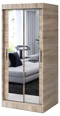 Zdjęcie produktu dla Szafa przesuwna Dąb Sonoma. - 90x200cm - Szafa przesuwna KARL - z 2 lustrami- do sypialni i garderoby