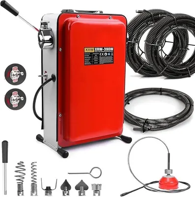 Zdjęcie produktu dla Maszyna do czyszczenia rur elektryczna, spiralna, 16 mm, 22,5 m, do rur o średnicy 20-100 mm, 390 W, 450 obr./min, z spiralą o średnicy 8 mm i długości 10 m. Urządzenie do czyszczenia rur, spirala do czyszczenia rur, czyścik do rur, odtykacz
