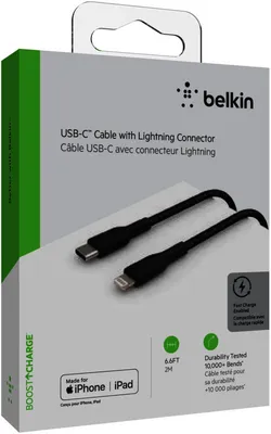 Produktbild von Belkin Lightning/USB-C Kabel  2m ummantelt, mfi zert., schwarz