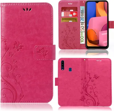 A collage of images showing a pink phone case with a floral and butterfly design, including a view of the case open with cards and cash inserted, and a view of the back of the case with a phone inserted.