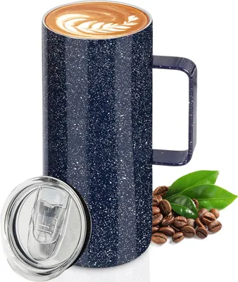 Produktbild von Isolierte Blaue Edelstahl Kaffeetasse mit Schiebedeckel - 560 ml - Auslaufsicher - Thermobecher für heiße & kalte Getränke - Doppelwandige Vakuumtasse mit Griff - Spülmaschinenfest.