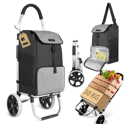 A collage of images showing different aspects and uses of a shopping trolley.
