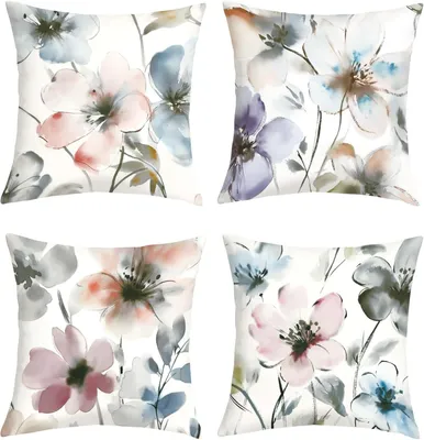 Image de Housses de coussins "Fleurs en aquarelle", 45 x 45 cm, lot de 4, pour canapé