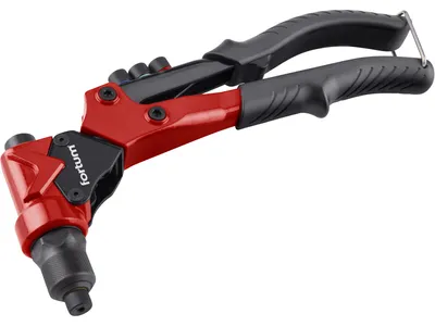 A red and black rivet gun is shown against a white background.