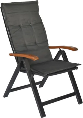 A single outdoor chair with a dark gray cushion and wooden armrests, set against a white background.