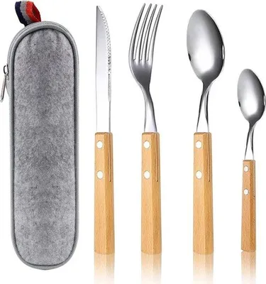 Produktbild von Edelstahl-Campingbesteck-Set für 1 Person Holzgriff