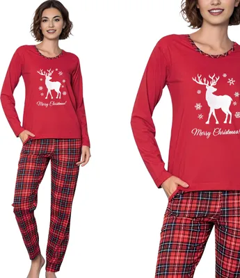 Produktbild von Damen Schlafanzug Weihnachten langer Pyjama Nachtanzug 100% Baumwolle Neti K11001, Rot, XL