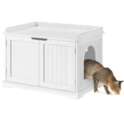 Produktbild von Yaheetech Katzenhöhle für große Katzen Katzenschrank Holz Katzenhaus 75,5 x 51 x 52,5 cm Katzenbett mit magnetischen Türen Separate Trennwand Katzentoilette Katzenklo Schrank, Weiß