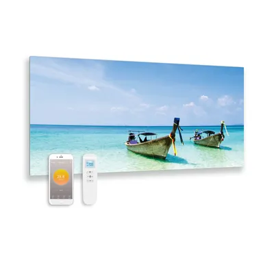 Produktbild von Infrarot-Panel aus bedrucktem Glas mit Wifi und Fernbedienung Meer 119x59 700Watt