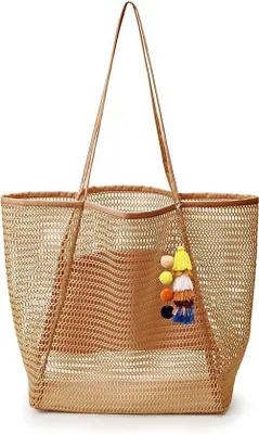 Produktbild von Unyqoos® Mesh-Strandtasche XL 38 x 35 x 17 cm – faltbare Nylon-Netztasche mit Reißverschluss-Innenfach, robuste Shopper-Schultertasche, Kaki