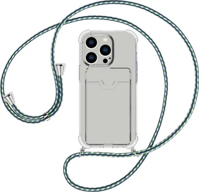 Produktbild von Handykette Backcover-Schutzhülle mit Band (Metall silberfarben) für Apple iPhone 15 Pro - grün/blau/weiß