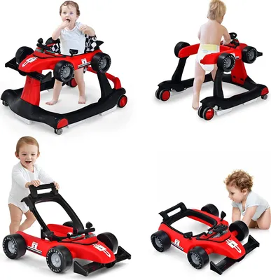 Produktbild von GOPLUS 4-in-1 Lauflernhilfe, Höhenverstellbare & Faltbare Lauflernwagen Tragkraft bis zu 15 kg,  Gehfrei mit Licht Musik  für Kinder von 6-18 Monaten (Rot)