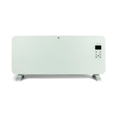 A white electric heater with a digital display and controls, standing on its legs.