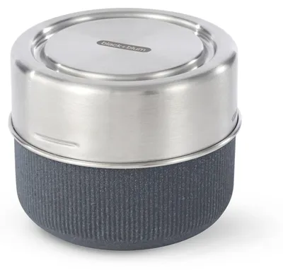 A close-up studio shot of a black and silver lunch container.