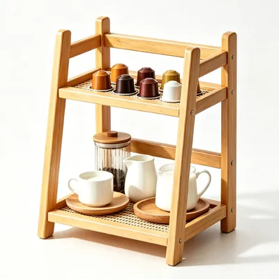 Productafbeelding van Tassenrek met 2 Etages van Bambus 28,5x26x18cm voor Keuken en Woonkamer