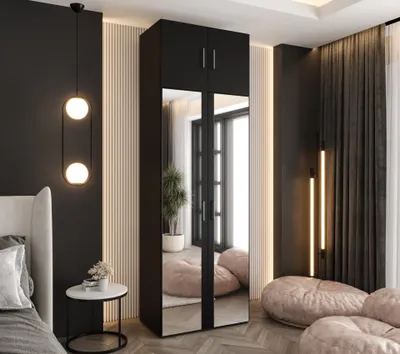 Produktbild von Drehtürenschrank 242x80x48 cm Schwarz mit 2 Spiegeln und Aufsatz – Moderner Kleiderschrank mit viel Stauraum für Schlafzimmer und Flur