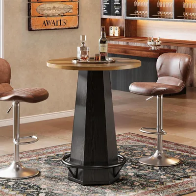 Produktbild von Bartisch rund 100 cm Höhe mit Metall-Fußstütze, Industrial Stehtisch für Küche Wohnzimmer Hausbar, platzsparend, Braun Schwarz