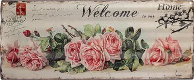 Obrázek produktu pro Moritz plechová cedule 59 x 24 cm vítejte doma růže vítejte doma dekorace kovová cedule retro vintage retro výroky vtipné