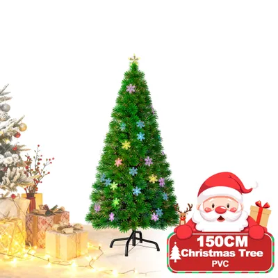 Productafbeelding van XINZI Kunstkerstboom, 150 cm, met LED-verlichting en sneeuwvlokken - Kerstboom met vezeloptiek en kleurverandering, kerstboom, decoratieve boom, kunstboom, met kleurrijke vezeloptiek