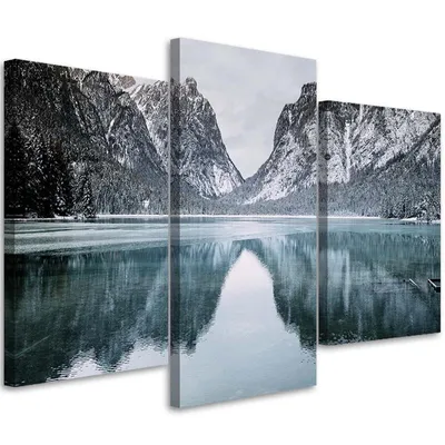 Produktbild von Triptychon auf leinwand bergsee 90x60 cm Feeby grau wandbild bereit zum aufhängen