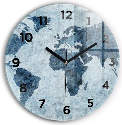 Produktbild von Wallfluent Wanduhr – Stilles Quarzuhrwerk - Uhr Dekoration Wohnzimmer Schlafzimmer Küche - Zifferblatt - schwarze Zeiger - 30 cm - Gemalte Weltkarte