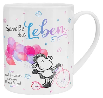 Productafbeelding van Sheepworld XL-mok met het opschrift "Geniet". Grote koffiemok van porselein, jumbo formaat