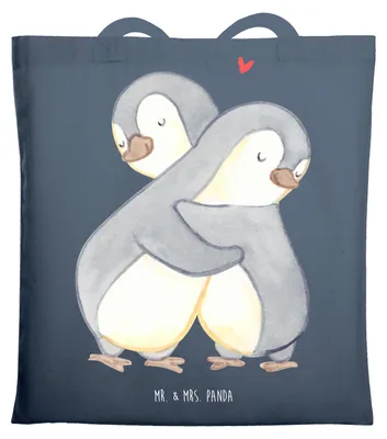 Produktbild von Mr. & Mrs. Panda Tote Bag Pinguine Kuscheln - Indigo Blue - Geschenk, Valentinstag, Freund, für Freundin, canvas tasche, Frauen, Schultasche, Laptoptasche, Hochzeitstag