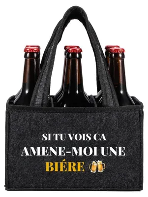 Obrázok produktu pre Držiak na fľaše z filcu pre 6 fľašiek piva, s nápisom a motívmi pohárov piva, rozmer 24x15x15 cm
