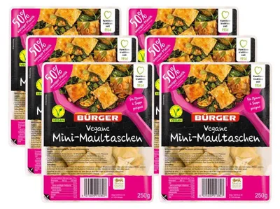 Produktbild von BÜRGER Vegane Mini-Maultaschen 250 g – Pflanzliche Maultaschen aus Weizen- & Erbsenprotein, ideal zum Braten, in Salat oder Brühe, 6 x 250 g Beutel