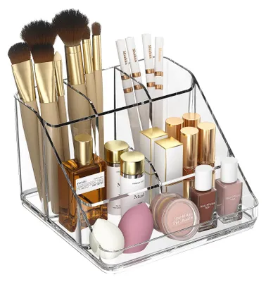 Image de Rangement pour maquillage, rangement pour produits de beauté à 6 compartiments pour les produits de beauté, les soins de la peau et les bijoux, en acrylique transparent.