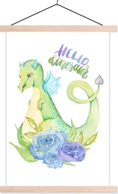 Produktbild von MuchoWow® Textilposter Dinosaurier - Blumen - Kinderzimmer - Jungen - Mädchen - Kinder 120x180 cm mit holzfarbenen Rahmen - Textil-Plakat