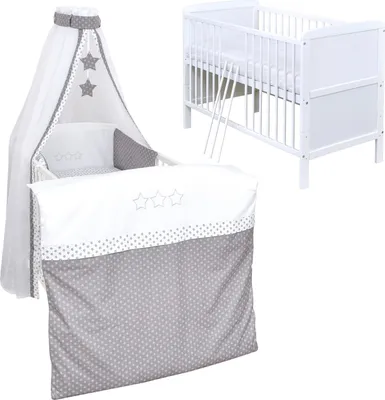 Produktbild von Baby-Delux Babybett Kinderbett Umbaubar 140x70 Weiß Bettset Komplett mit Motiv Grey Stars