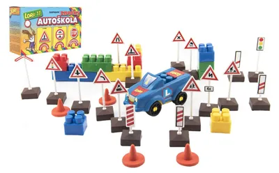 Zdjęcie produktu dla Zestaw LORI 11 Samochodowe znaki drogowe 16szt+2 pachołki+samochód plastikowy w pudełku 22x13x6cm
