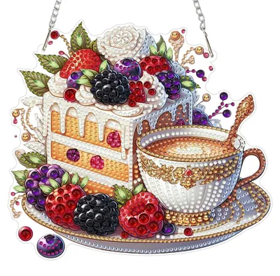 Produktbild von Diamond Painting Anhänger Kuchen Kaffee mit Kette 20x20cm DIY Fensterbild Hängendes Ornament Bastelset