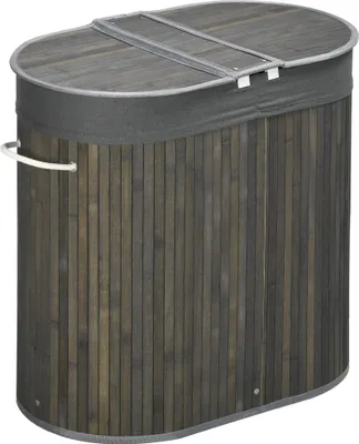 Produktbild von Fortuna Lai Bambus Wäschekorb mit Deckel 100L Wäschesammler mit Griffen, 2 herausnehmbarer Wäschesack, Wäschesortierer Wäschebox für Waschküche, Badezimmer, Schlafzimmer, Grau